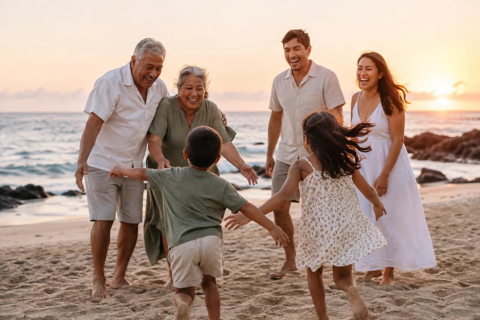 Illustrative multigenerational family gathered on a beach at sunset
