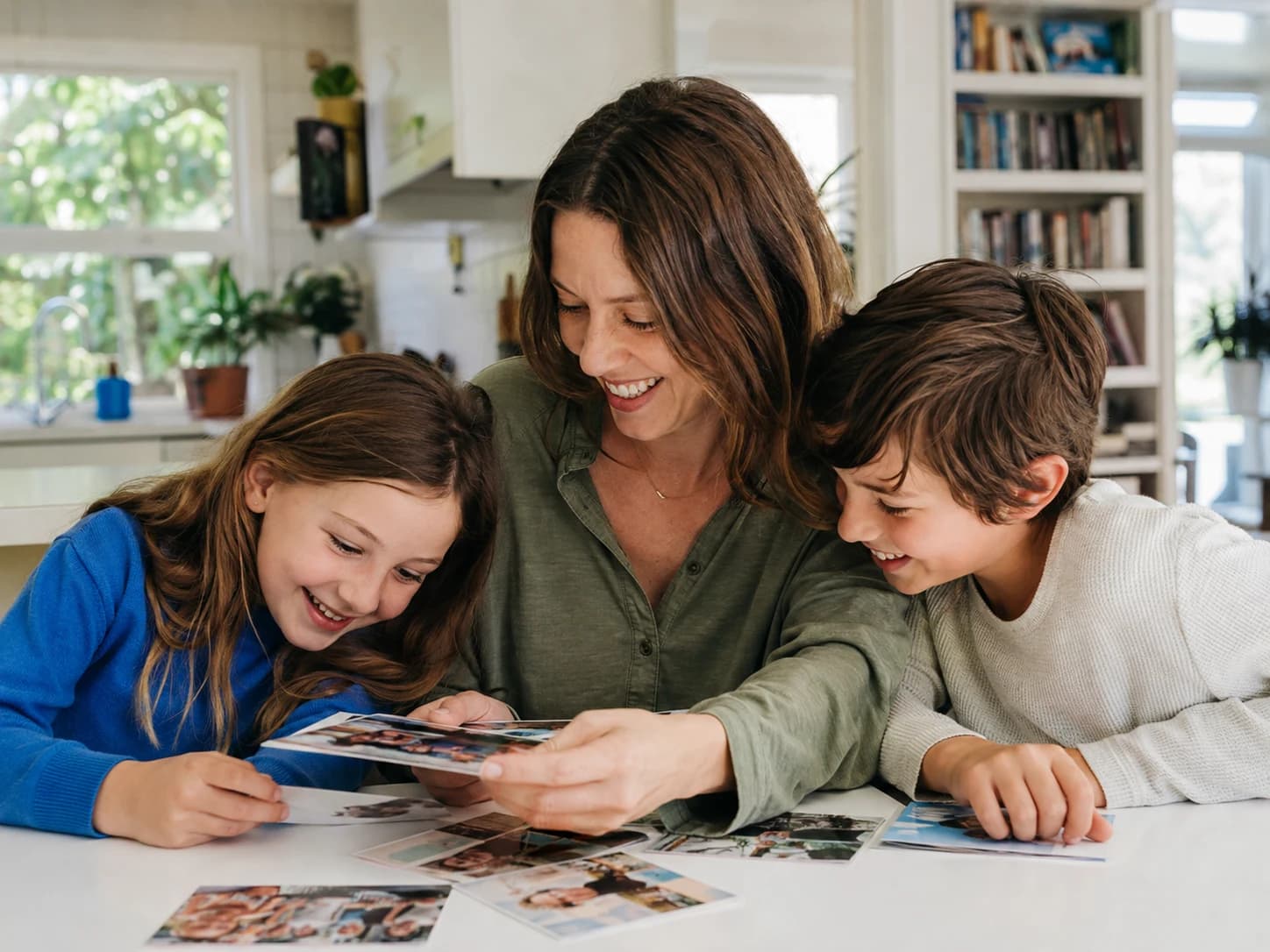 Illustrative image of a parent and two children looking through printed photos at home