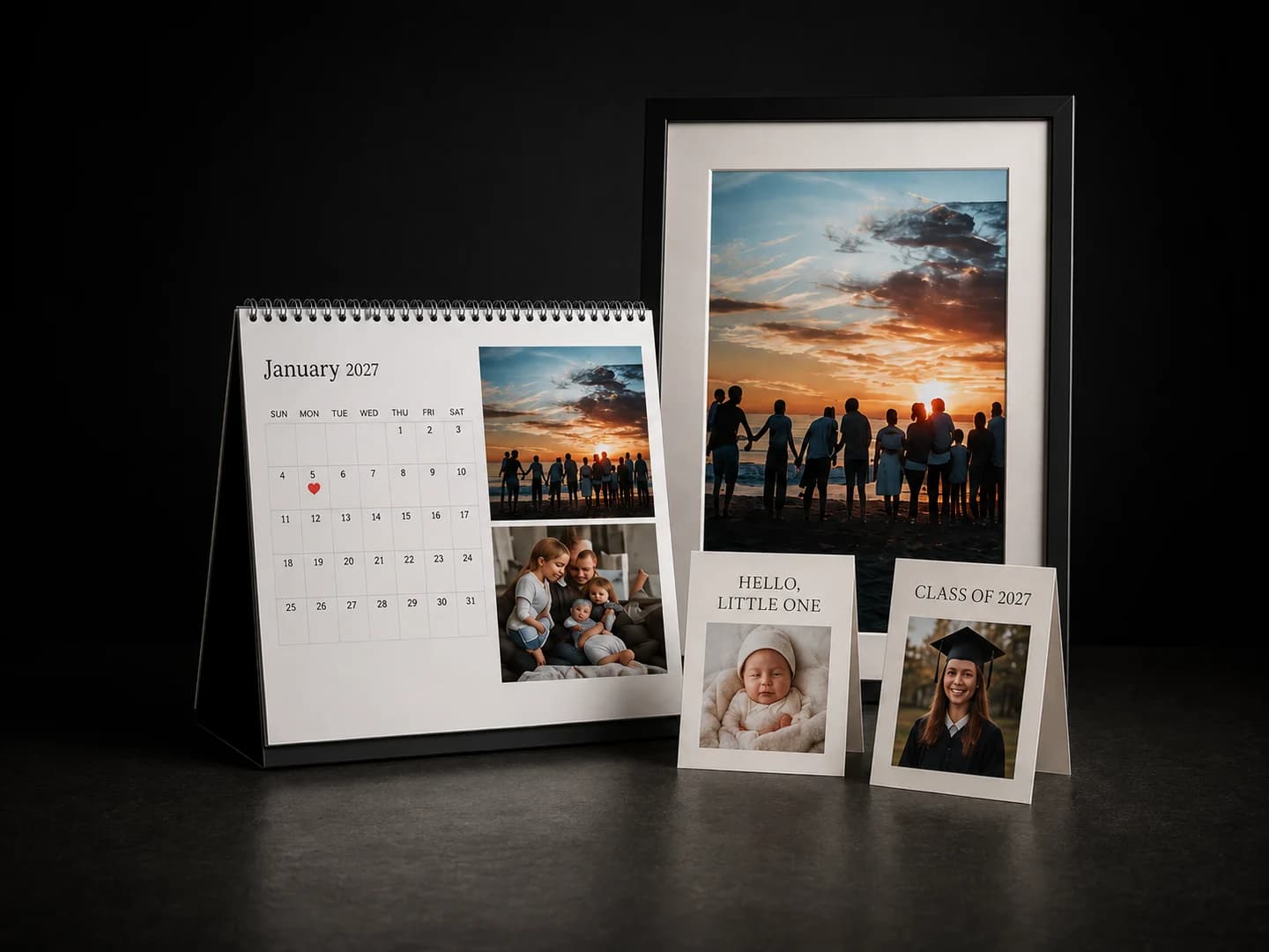 Personalized photo calendar, poster, graduation card, and birth announcement