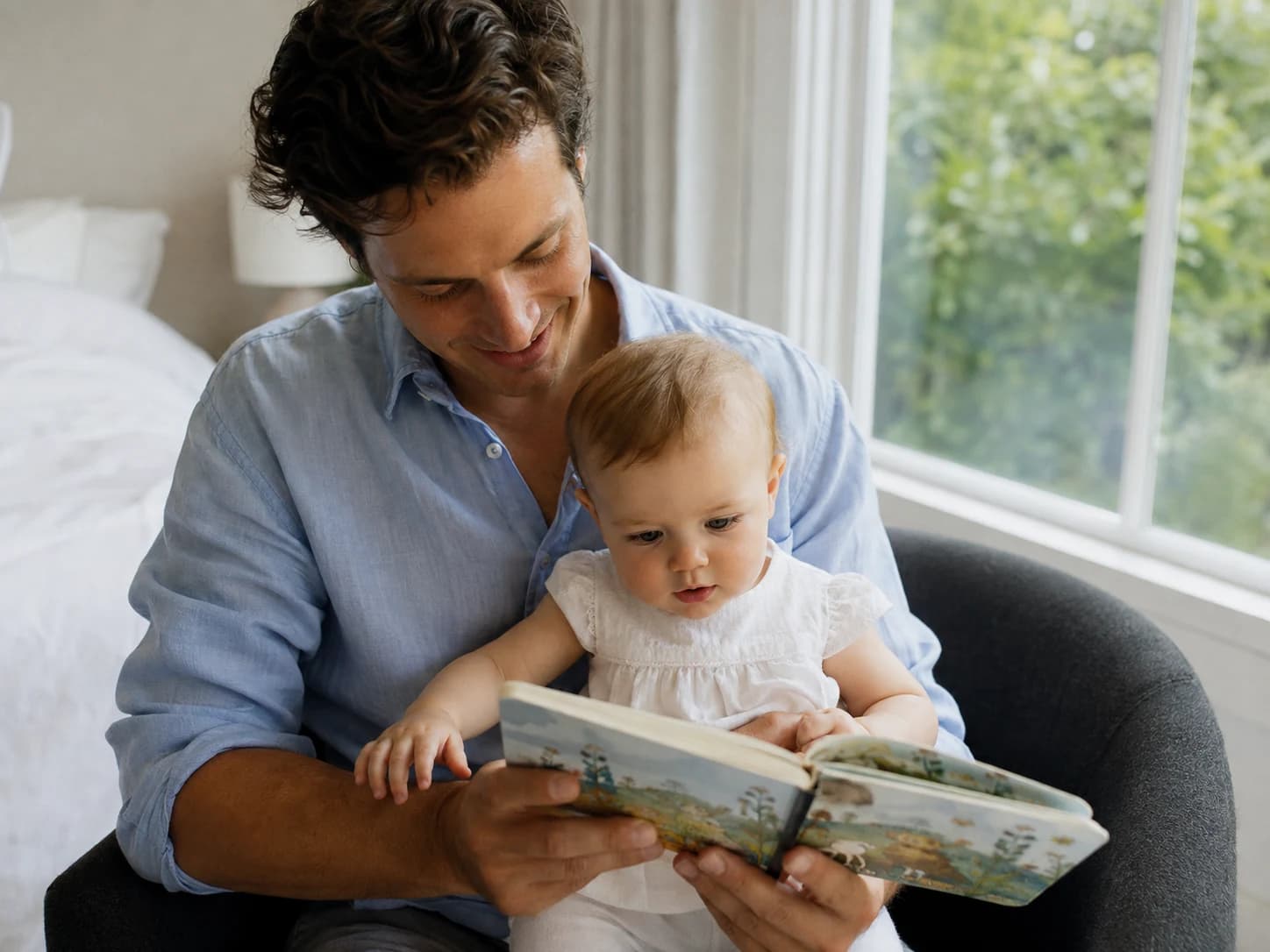 Illustrative image of a parent and baby reading together by a window