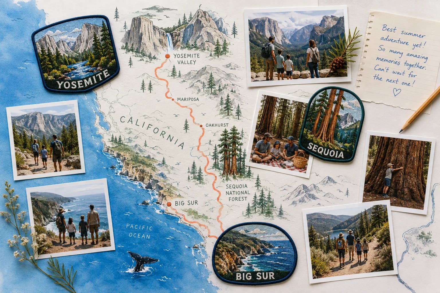 Illustrative travel scrapbook with photo clusters, a map, and destination badges